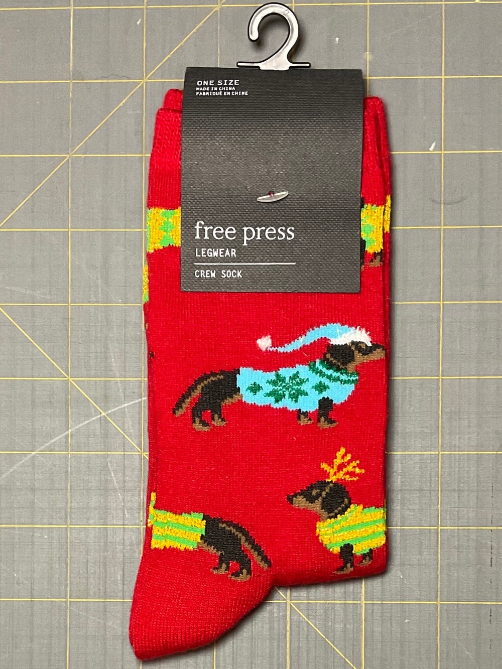 free press Red Dachshund Holiday Crew Socks with Multicolor Accents